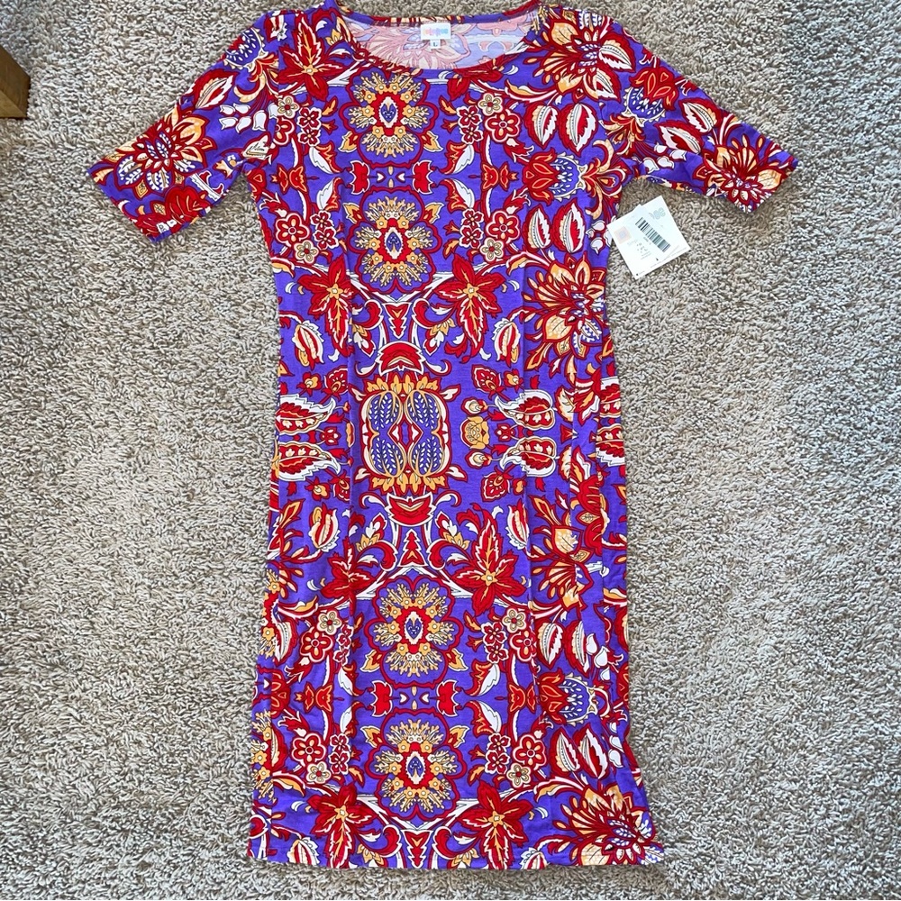 Lularoe Julia Fitted Dress Knit Bodycon Purple Red Gold Size Large